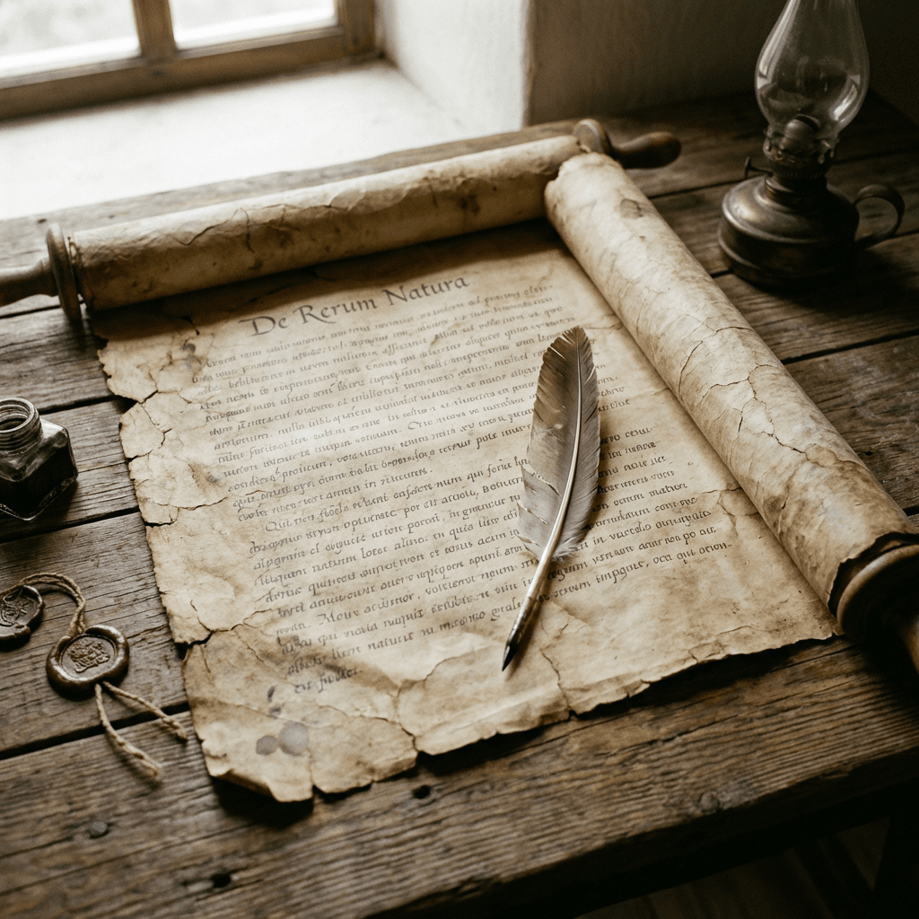 Antike Schriftrolle mit handgeschriebenem Text und Federkiel