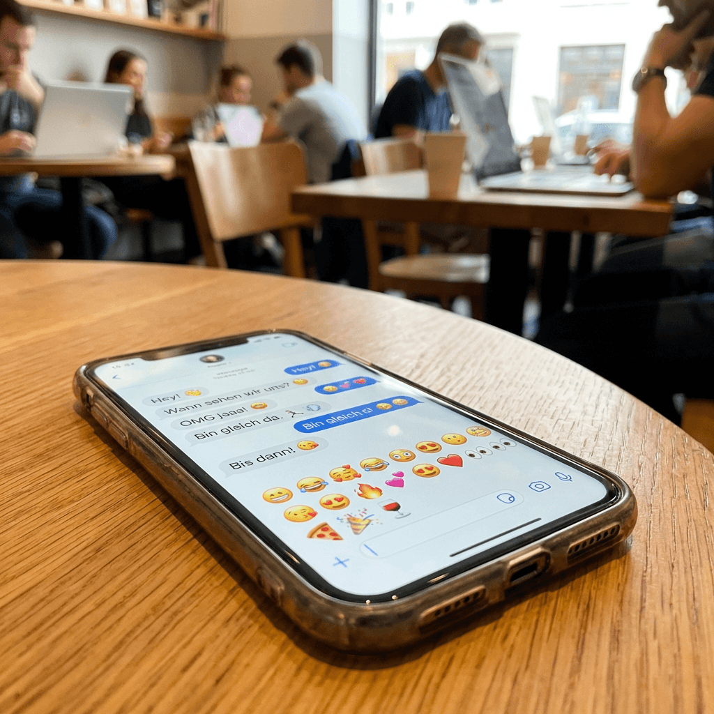Smartphone mit Chatverlauf voller kurzer Nachrichten und Emojis