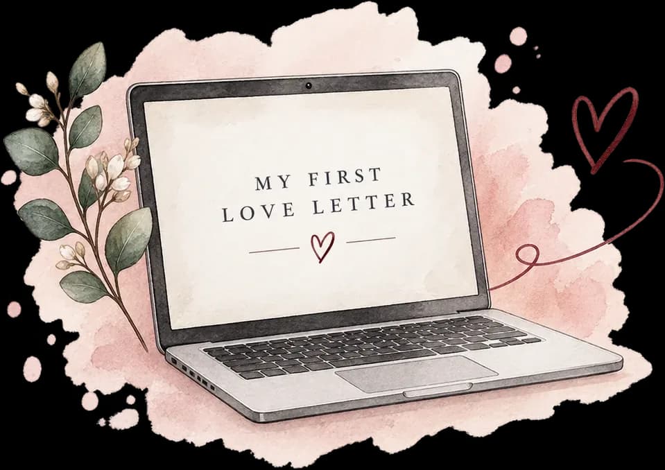 Aufgeklappter Laptop mit dem Schriftzug My First Love Letter, umrankt von Eukalyptus