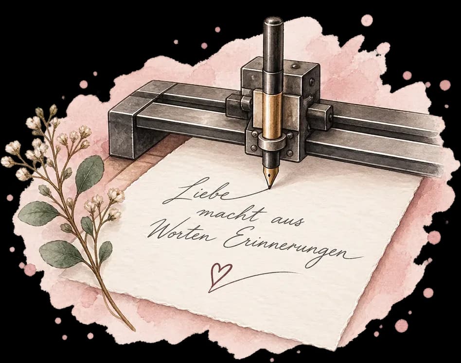 Schreibroboter führt eine Feder über Büttenpapier und schreibt eine Zeile in Schreibschrift