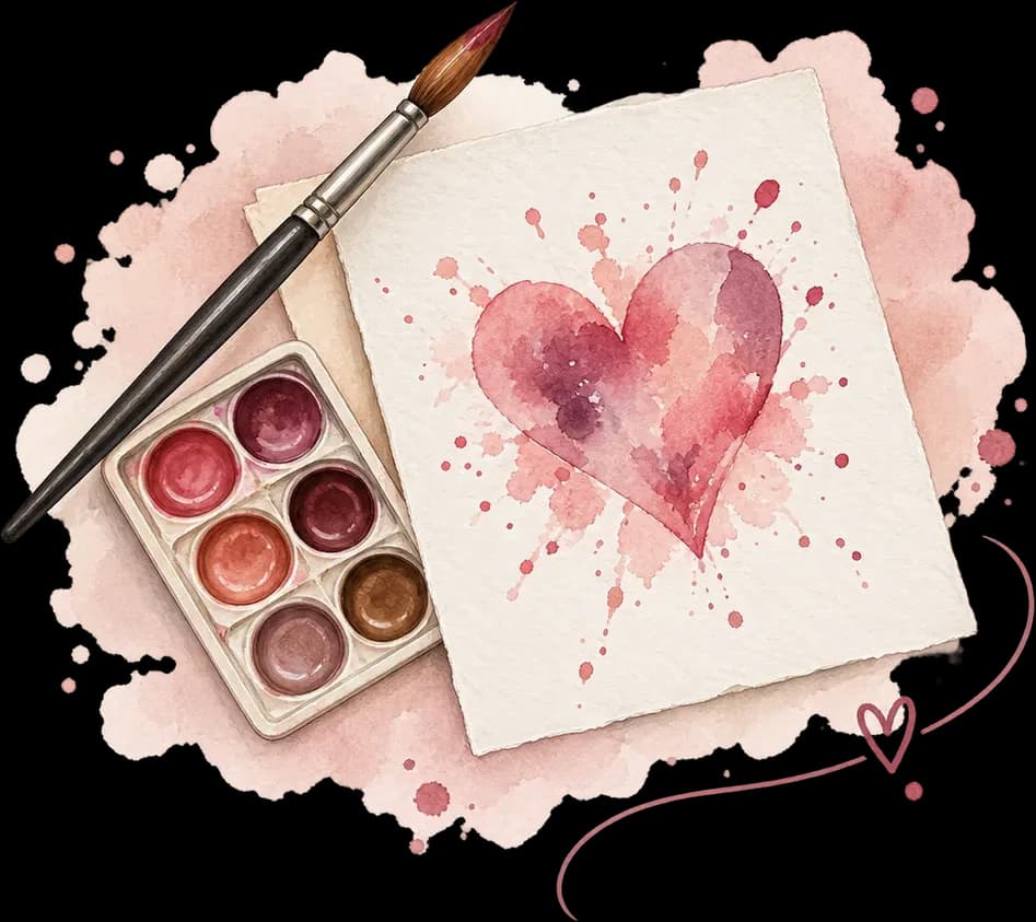 Aquarellkasten und Pinsel neben einem frisch gemalten Herz auf Büttenpapier