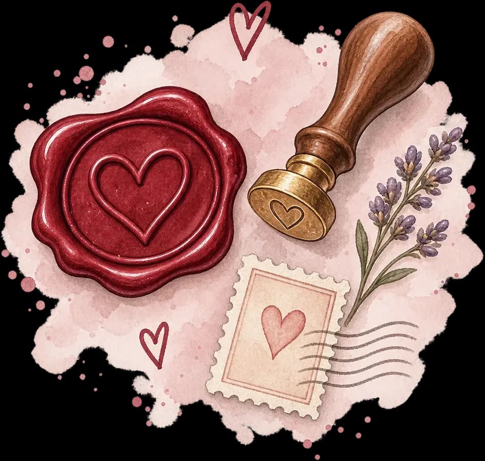 Dunkelrotes Wachssiegel mit Herzmotiv, Messingstempel, Briefmarke und Lavendel