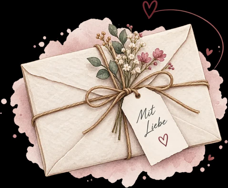 Mit Kordel verschnürter Umschlag mit Trockenblumen und einem Anhänger mit der Aufschrift „Mit Liebe“